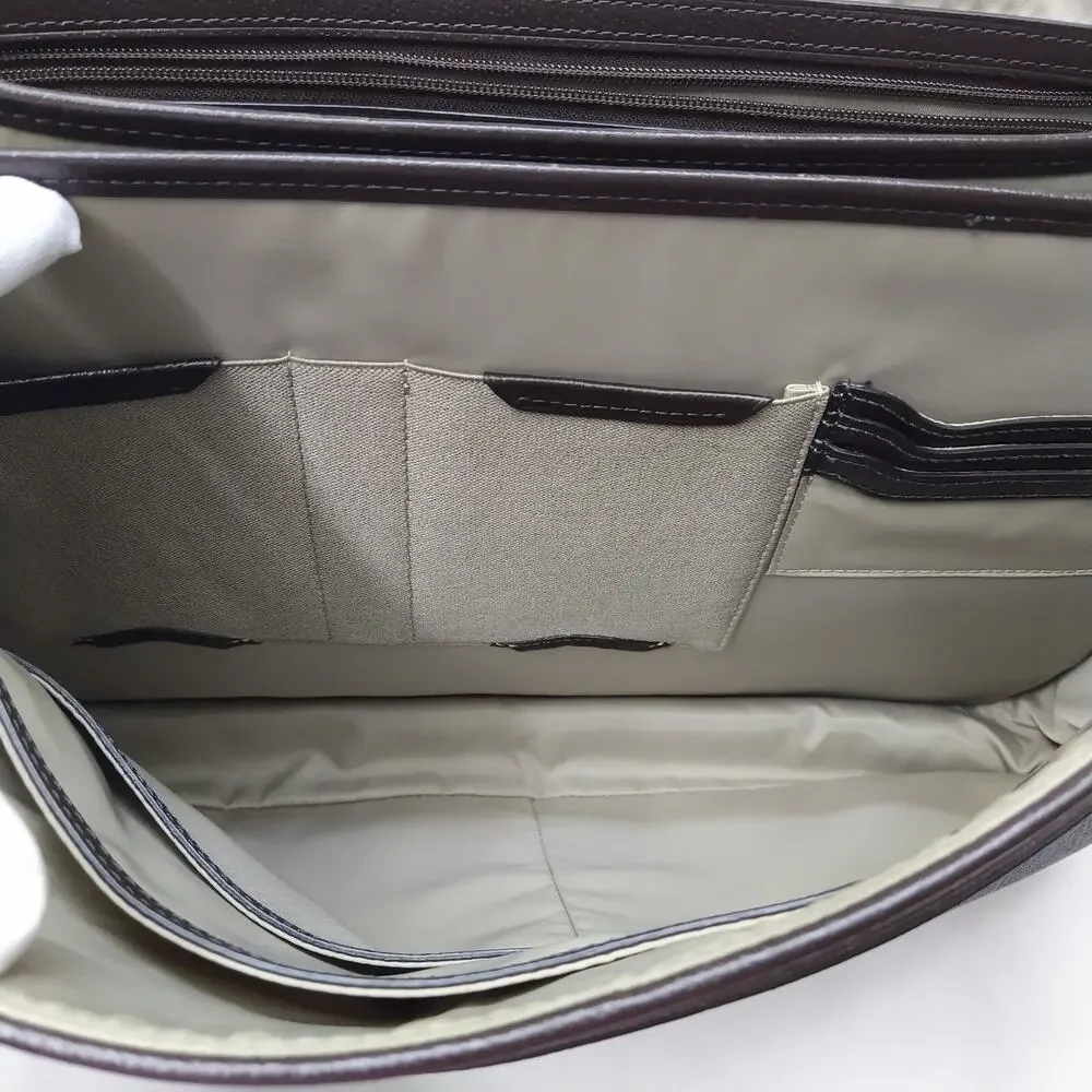 Tumi Brown Leather Gray Canvas Pushlock Laptop Briefcase Business Crossbody Bag